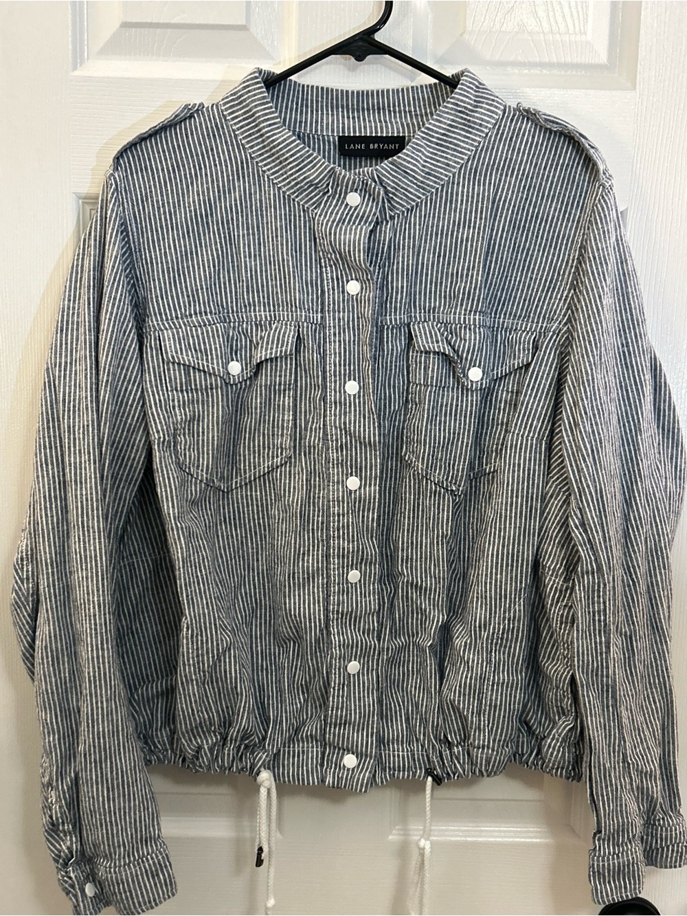 Lane Bryant Striped Linen Cotton Snap Front Drawstring Jacket Shacket Plus Size